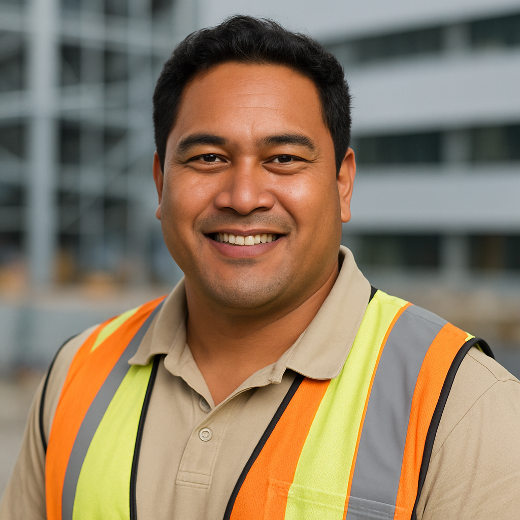 Linkedin style proffesinal picture of a Hawaiian guy that works in construction No hat just natural picture