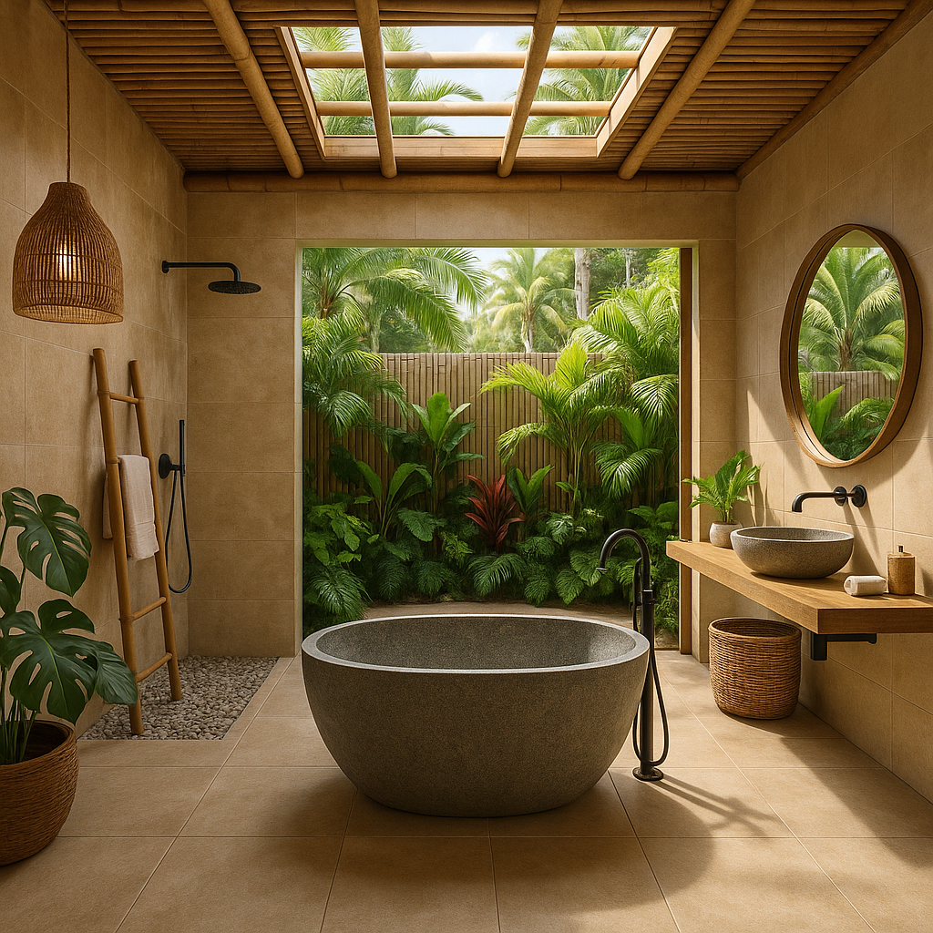 Photorealistic render of a tropical bathroom with indooroutdoor flow bamboo and rattan accents skylight above a freestanding stone tub large format sandtone tiles walkin shower with pebble flooring and lush greenery Hawaii resort vibe-1