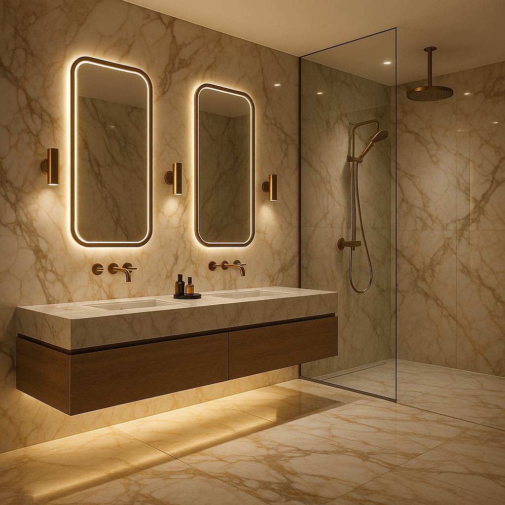 Ultrarealistic render of a luxury bathroom with full Calacatta gold marble slabs on walls and floors floating double vanity with undercabinet lighting brushed brass fixtures walkin shower with rain head and backlit mirrors Dramatic hotellike design-1